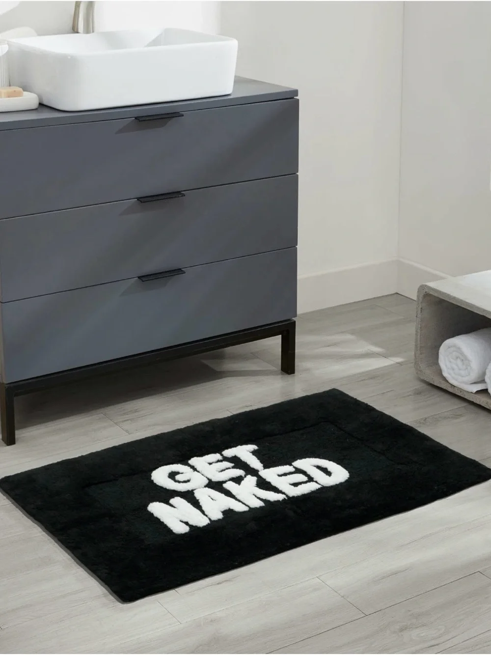 Plush Black 'GET NAKED' Bath Mat - Bold White Lettering